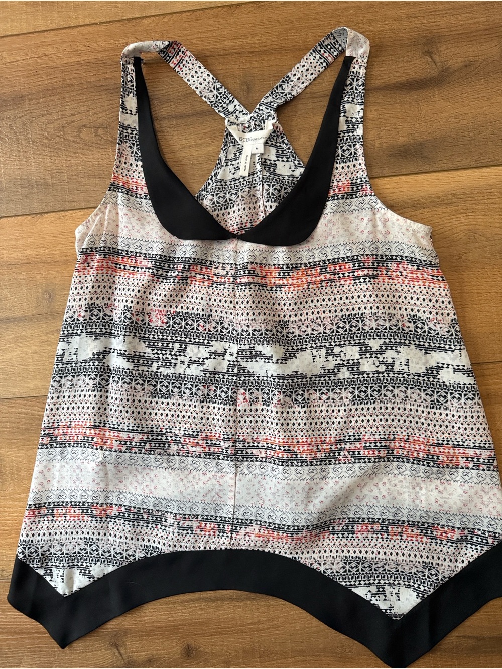 Sleeveless Printed Racerback Tank Top in Black and Coral